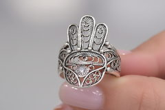 Ottoman Sterling Silver Filigree Hamsa Ring, Size 7