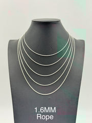 Sterling Silver, 925 Rope Chain Necklace, 24" 1.6mm