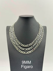 Sterling Silver, 925 Figaro Chain Necklace, 24" 9mm