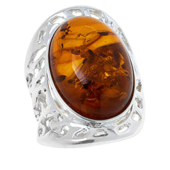 Amber Extraordinaire Sterling Silver Open Work Cocktail Ring Size 5