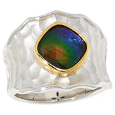 Canadian Ammolite Gems Sterling Silver Ammolite Two-Tone Hammered Ring, Size 6