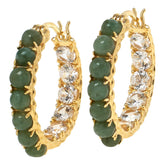 Jade of Yesteryear Sterling Silver Light Jade & White Zircon Inside-Outside Hoop Earrings