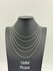 925 Sterling Silver Rope Chain Necklace 1mm 16" Italy