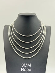 925 Sterling Silver Rope Chain Necklace 3mm 16" Italy