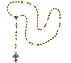 Connemara Marble Bronzetone Green and Yellow Beaded Antiqued Rosary, 24"