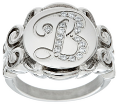 Stainless Steel Crystal Signet Initial "B" Ring, Size 8