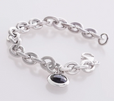 Bronzo Italia Black Onyx Charm Rolo Link Silver Tone Bronze Bracelet 6-3/4"