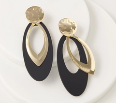 Susan Graver Black / Gold Oval Drop Earrings with Metal Overlay