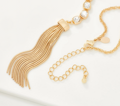 Susan Graver Reversible Cushion Cut Gold Tone Y Necklace with Tassel