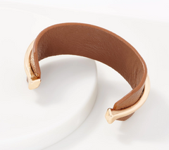 Susan Graver Brown /Gold Faux Leather and Metal Cuff Bracelet Large