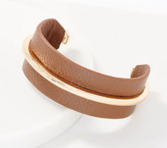 Susan Graver Brown /Gold Faux Leather and Metal Cuff Bracelet Large