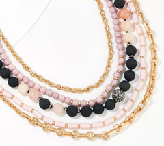 Susan Graver Multi-Strand Light Rose/Black Bead & Chain Gold Tone Necklace