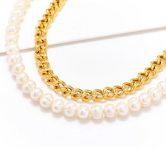 Honora Cultured Pearl & Curb Gold Plated SS Chain Necklace w/ T-Bar