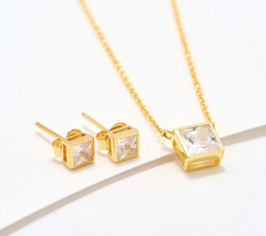 Diamonique 14K Gold Plated Princess Cut Necklace & Stud Earrings Boxed Set