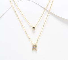 Diamonique 14K Gold SS Plated Initial "R" Two-Row Layered Necklace
