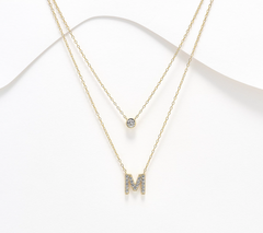 Diamonique 14K Gold SS Plated Initial "M" Two-Row Layered Necklace