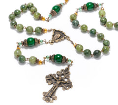 Connemara Marble Bronzetone Dark Green Beaded Antiqued Rosary, 24"