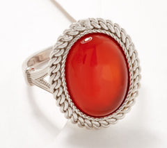 Silver Style Sterling Silver Oval Red Agate with Rope Border Ring, Size 9