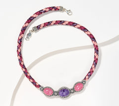 American West Sterling Silver Tonal Braided Leather 3-Stone Charoite & Rhodonite Necklace, 20"