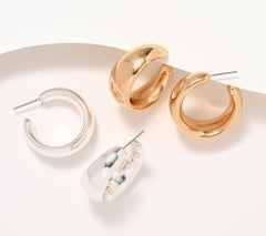 Joan Rivers Set of 2 Small Tapered Goldtone & Silvertone Hoops Earrings