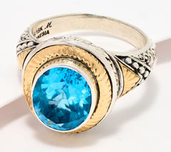 Artisan Crafted Sterling Silver & 18K Fancey Oval Blue Topaz Ring, Size 8