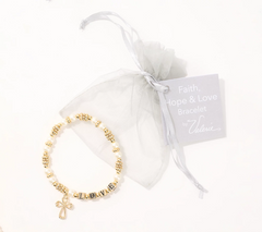Faithful Heart 3-pc Faith Hope & Love White/Golden Beaded Large Bracelets by Valerie