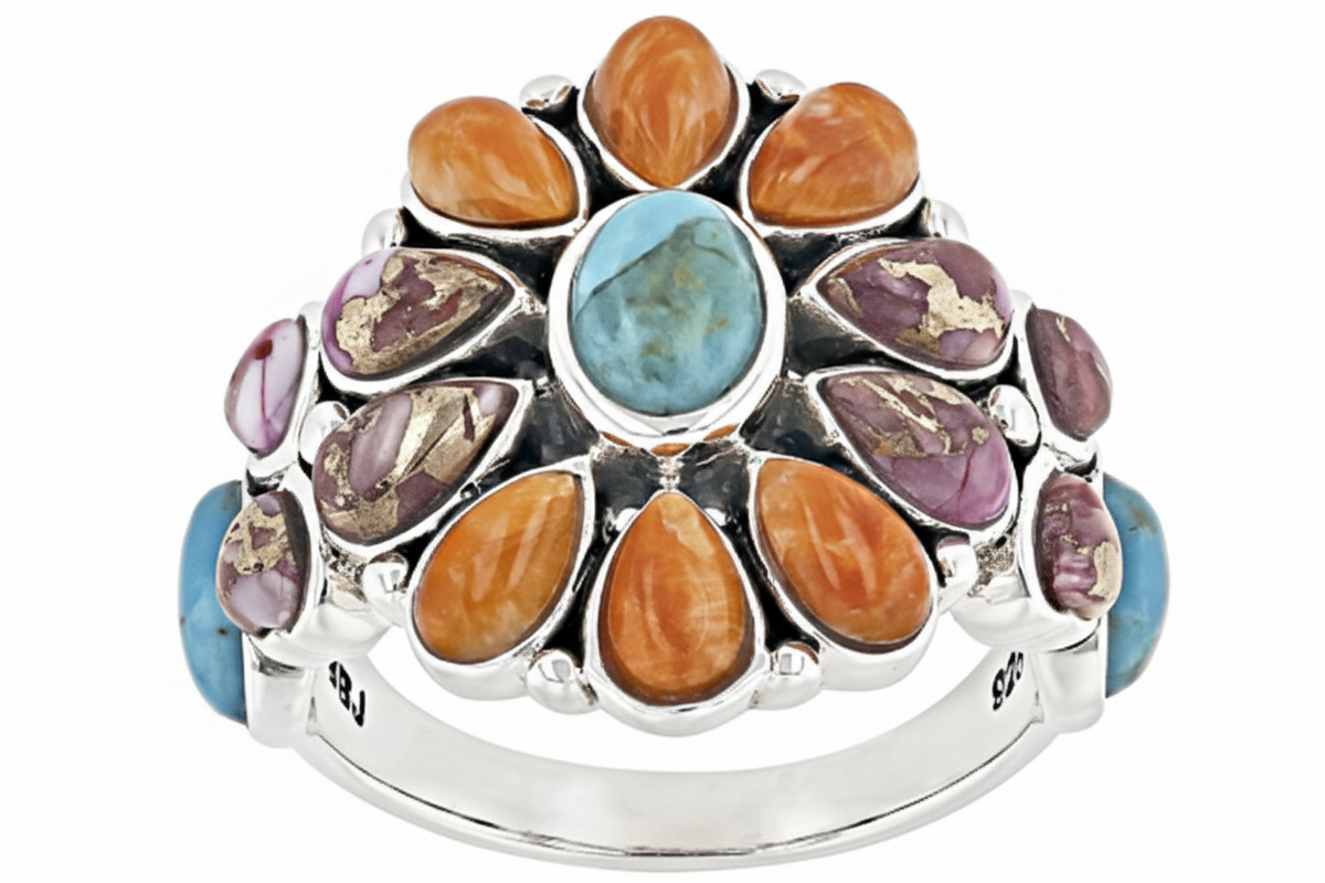 JTV Sterling Silver Blue Composite Turquoise & Multi-Color Spiny Oyster Shell  Ring, Size 9