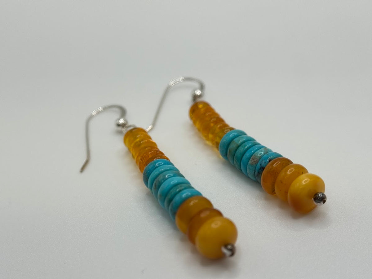 Jay King Sterling Silver Amber & Turquoise Disc Drop earrings, 1-1/2"