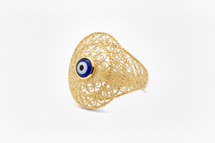 Ottoman Sterling Silver Goldclad Filigree Good Luck Evil Eye Ring, Size 10