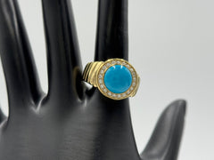 Colleen Lopez Turquoise Cabochon & White Topaz Halo Goldtone Ring, Size 8