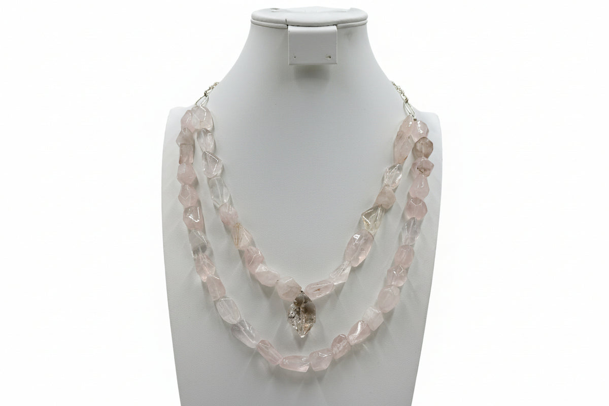 Herkimer Mines Sterling Silver Rose Quartz Double Station Necklace, 18"