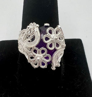 Ottoman Silver Bold Amethyst Wrapped Filigree Ring, Size 5