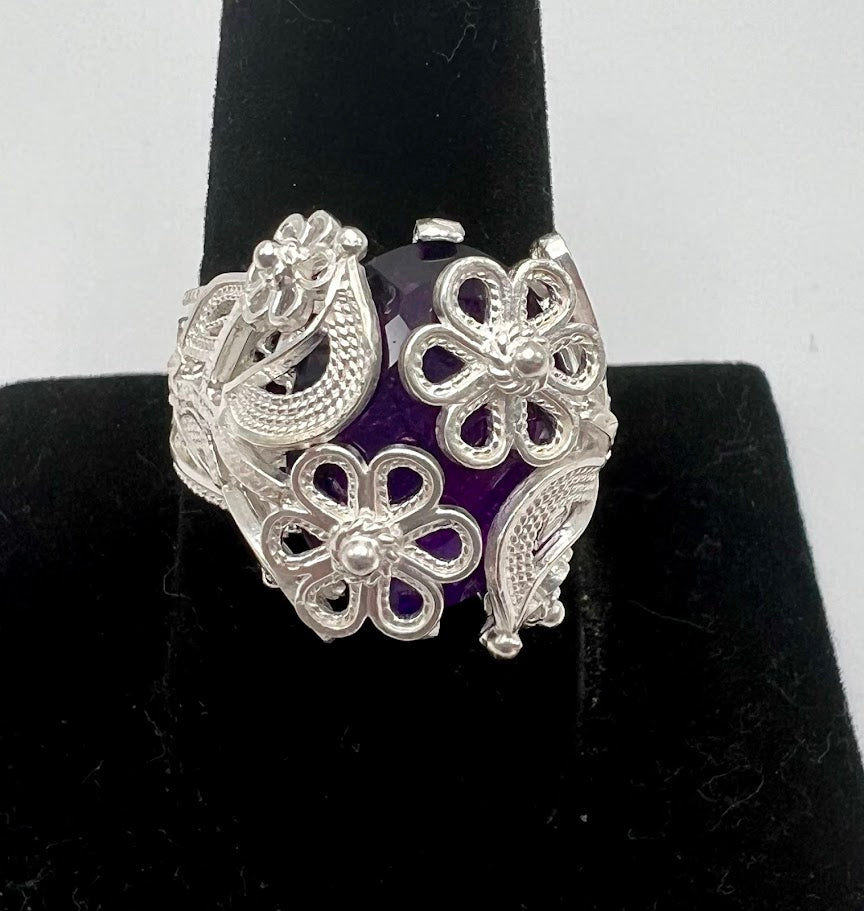 Ottoman Silver Bold Amethyst Wrapped Filigree Ring, Size 5