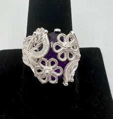 Ottoman Silver Bold Amethyst Wrapped Filigree Ring, Size 5