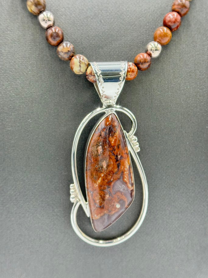 Jay King Sterling Silver Shitake Stone Pendant Beaded Necklace. 18"