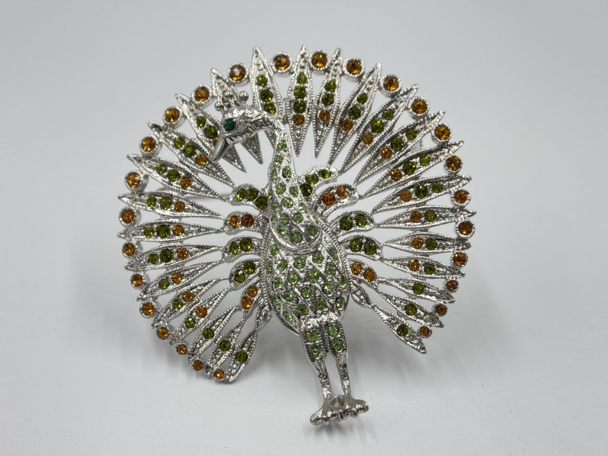 HSN Silvertone Multicolor Crystal Peacock Pin,