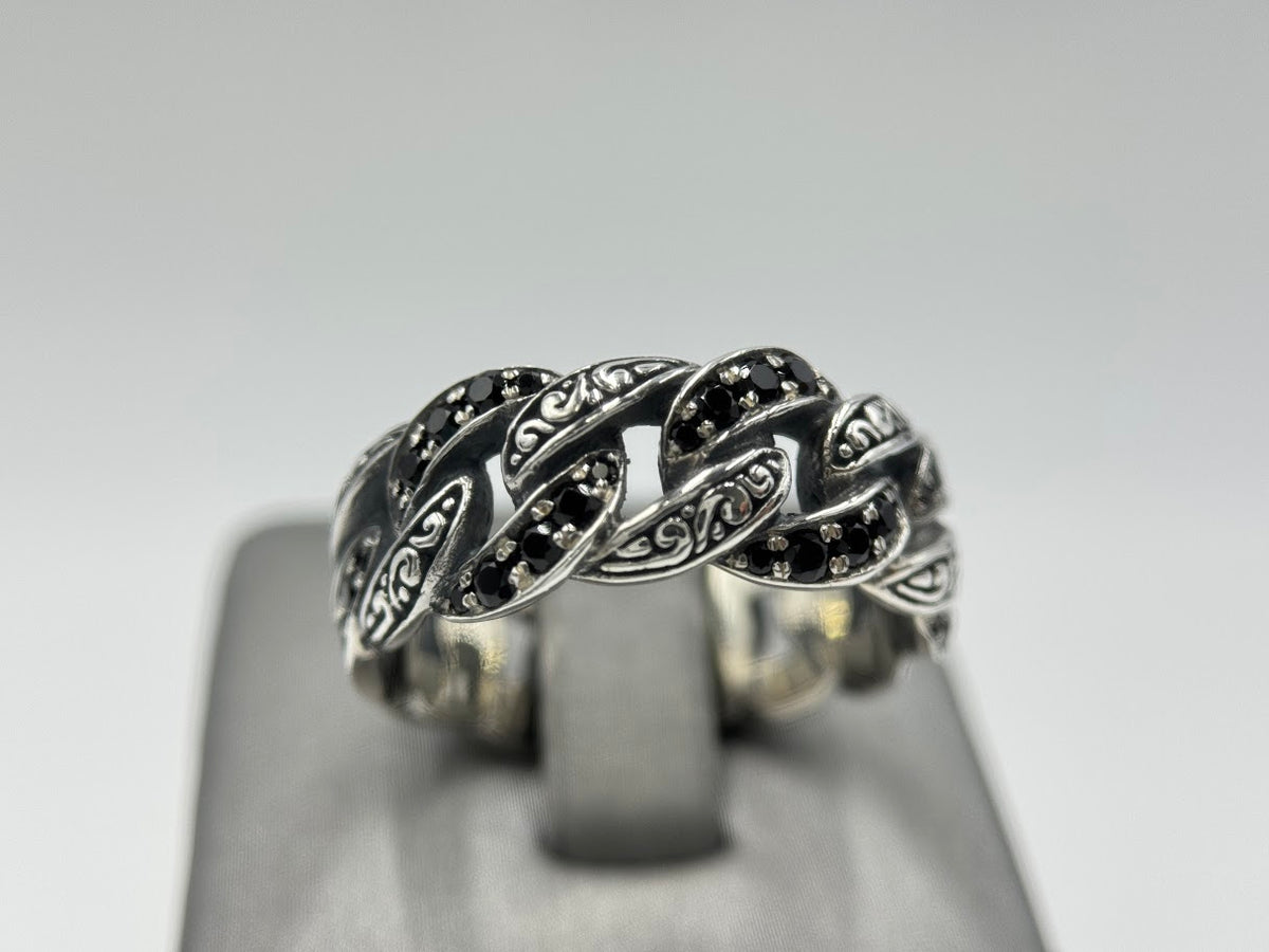 Bali RoManse Sterling Silver Black Spinel Curb Link Band Ring, Size 12