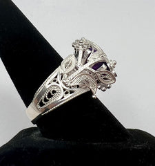 Ottoman Silver Bold Amethyst Wrapped Filigree Ring, Size 5