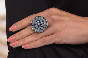 Rarities Sterling Silver Gray Moonstone & White Zircon Black Rhodium Round Ring, Size 6