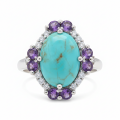 Paul Deasy Sterling Silver Kingman Turquoise, Amethyst & White Zircon Ring, Size 7