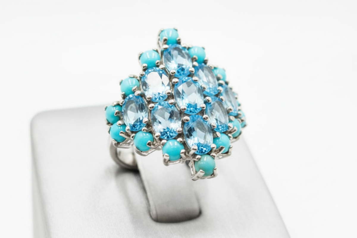 Colleen Lopez Sterling Silver Turquoise & Blue Topaz Cluster Ring, Size 6
