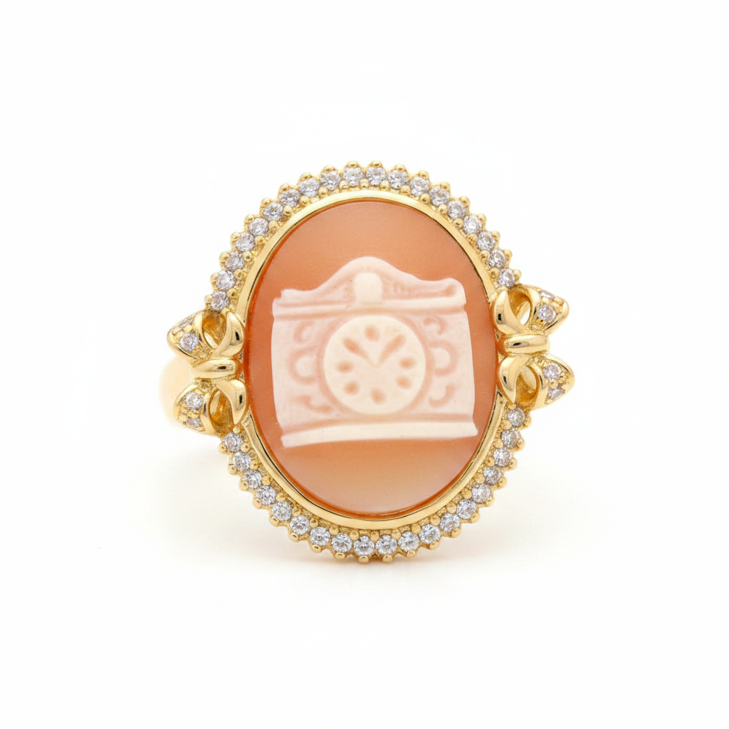 AMEDEO Goldtone "Miniatura" 20mm Cameo  Clock Crystal Ring, Size 7