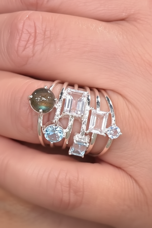 Herkimer Mines Sterling Silver "Diamond" Quartz & MultiGem MultiRow Ring, Size 8