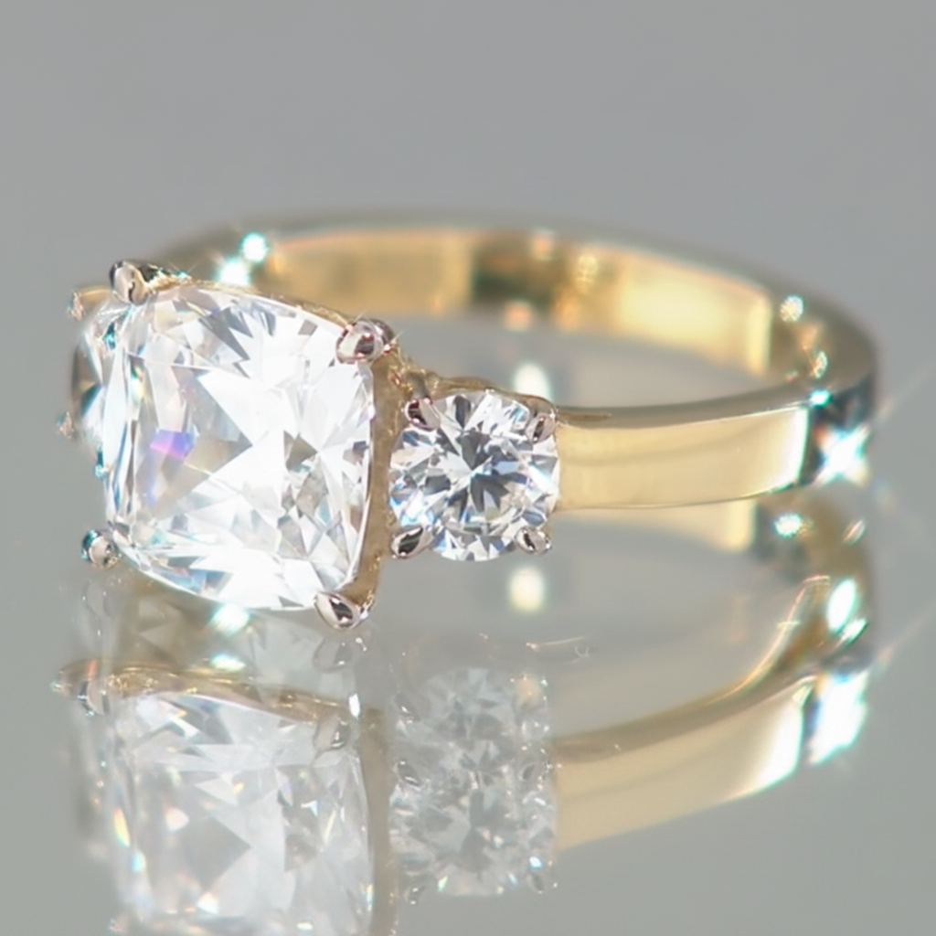 Absolute Sterling Silver Goldclad Cubic Zirconia Cushion & Round 3Stone Ring, Size 7