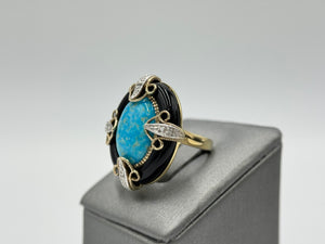 Heritage Gems Serling Silver Goldclad Kingman turquoise & Onyx Art-Deco ring, Size 5