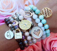 T. Jazelle Gemstone and Rose Clad SS Heart of Gold Charm Beaded Bracelet Small/Avg