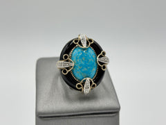 Heritage Gems Serling Silver Goldclad Kingman turquoise & Onyx Art-Deco ring, Size 5