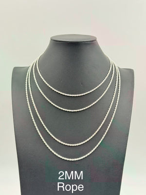 Sterling Silver, 925 Rope Chain Necklace, 18" 2mm