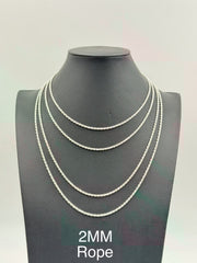 Sterling Silver, 925 Rope Chain Necklace, 18" 2mm