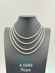 Sterling Silver, 925 Rope Chain Necklace, 16" 4.5mm